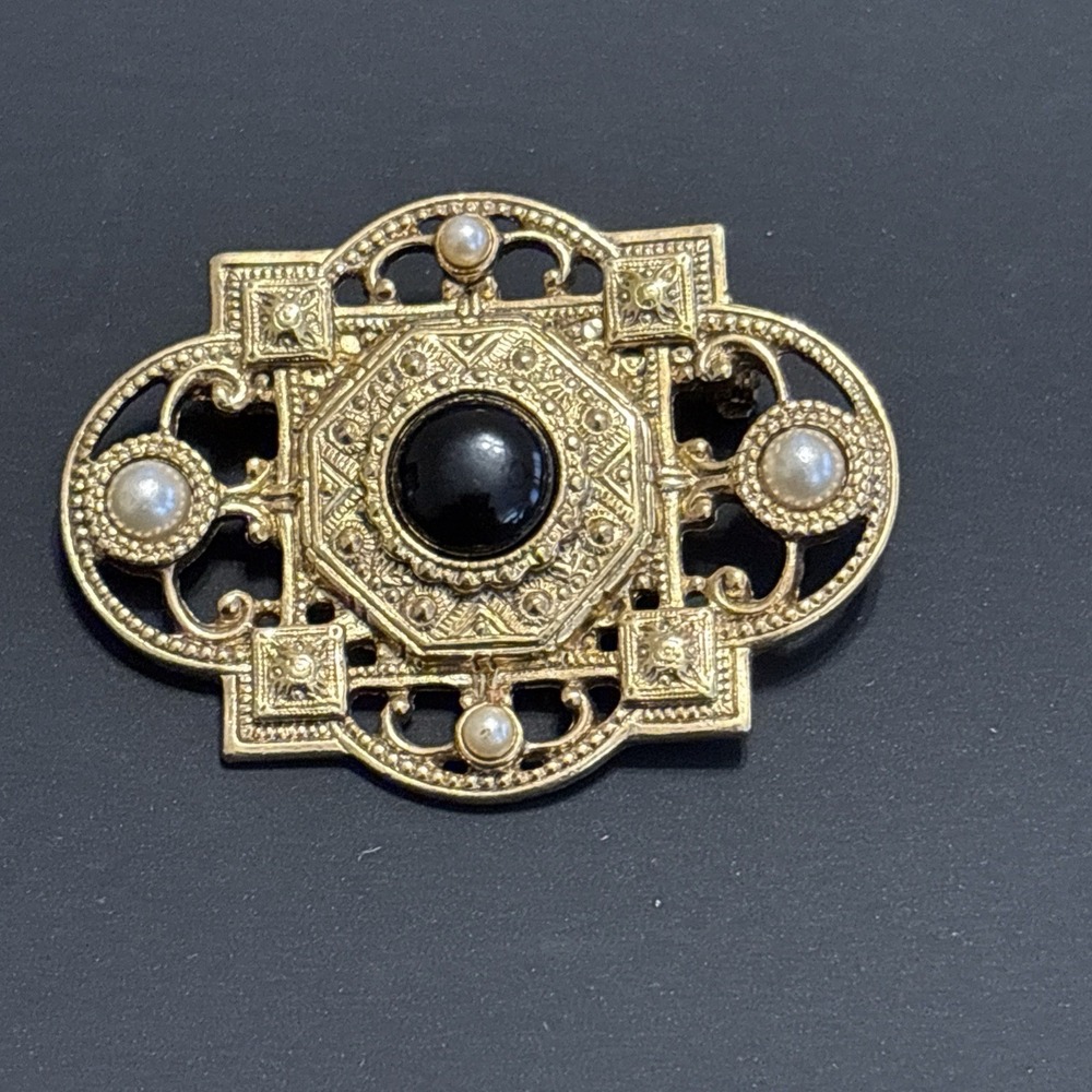 Gold Tone Filigree Brooch Black Cabochon Faux Pearl Victorian Revival Pin